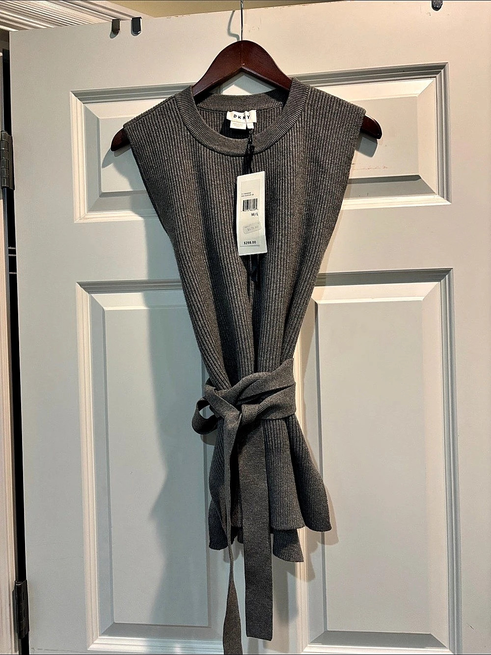 DKNY Ribbed Tie-Waist Open Sweater in Gray M/L NWT